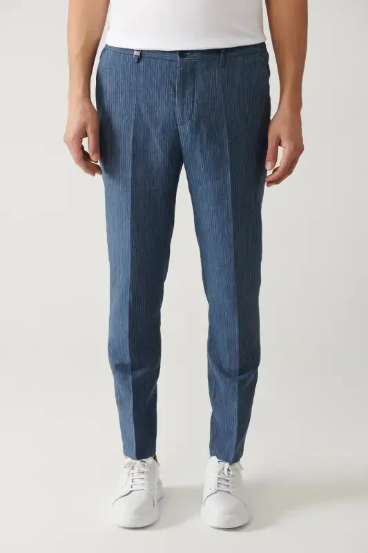 Мужские брюки в полоску с эластичным поясом из льняной смеси Relaxed Fit A41y3260 - 2