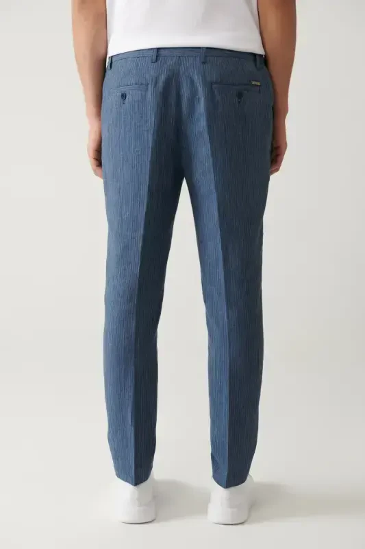 Мужские брюки в полоску с эластичным поясом из льняной смеси Relaxed Fit A41y3260 - 4