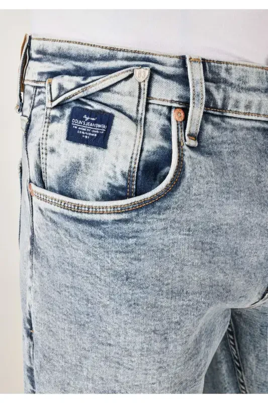 Мужские джинсы 041 Danny Slim Fit с низкой посадкой и прямыми штанинами синего цвета - 5