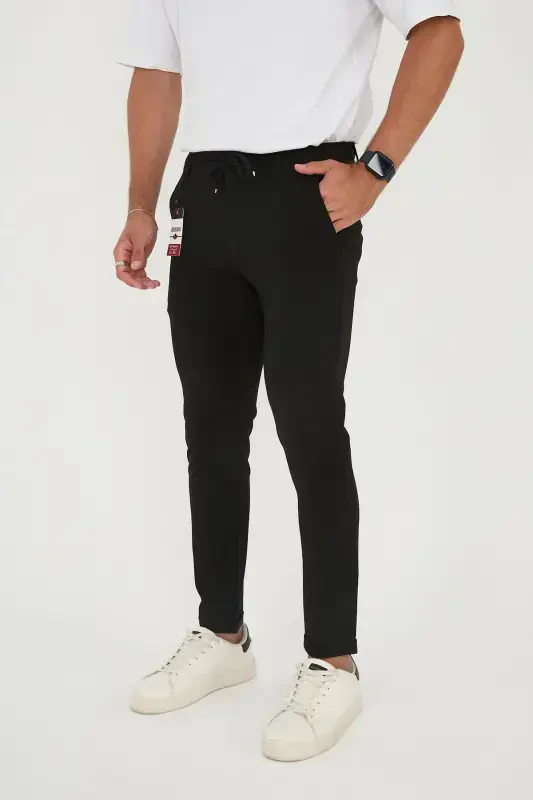 Мужские джоггеры Slimfit с полуэластичной талией, двойными штанинами, черные тканевые брюки - черные - 2