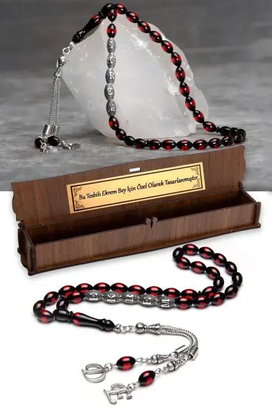 Мужские янтарные четки с буквенной кисточкой в подарок, именные четки красно-с-красно-черный - 1