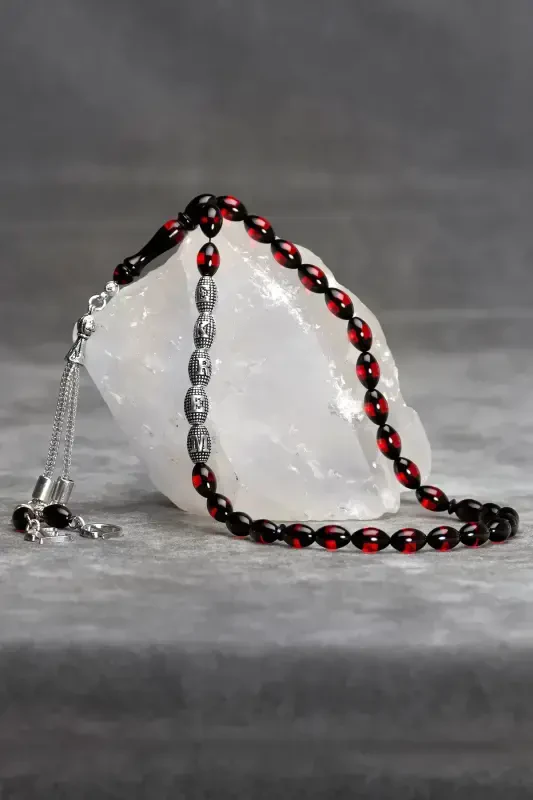 Мужские янтарные четки с буквенной кисточкой в подарок, именные четки красно-с-красно-черный - 4