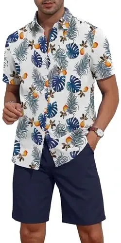 Мужские комплекты YTD из 2 предметов с тропическим принтом, гавайская рубашка с коротким рукавом и пуговицами и пляжные шорты - 3