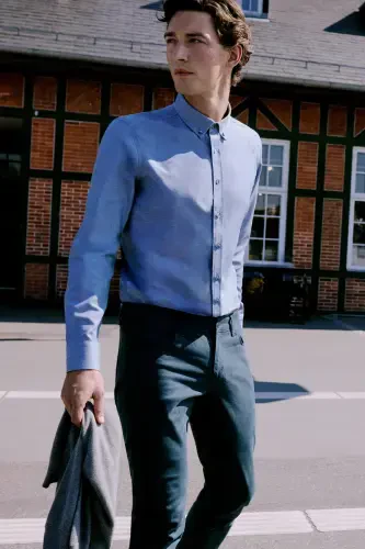 Мужские узкие хлопковые брюки чинос из эластичного канваса с 5 карманами, зауженного кроя, цвет - нефть - 1