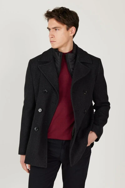 Мужское антрацитовое пальто стандартной посадки с обычным кроем, воротником с отложным воротником, из шерсти с рисунком - 9