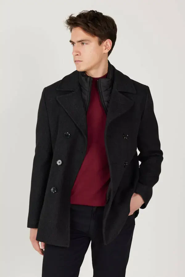 Мужское антрацитовое пальто стандартной посадки с обычным кроем, воротником с отложным воротником, из шерсти с рисунком - 9