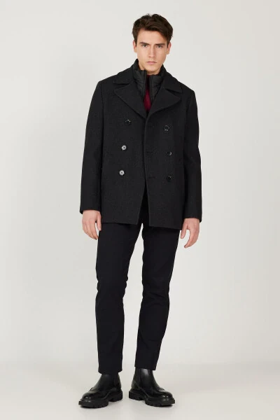 Мужское антрацитовое пальто стандартной посадки с обычным кроем, воротником с отложным воротником, из шерсти с рисунком - 10