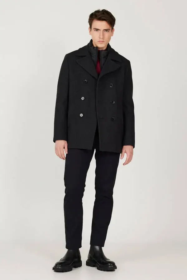 Мужское антрацитовое пальто стандартной посадки с обычным кроем, воротником с отложным воротником, из шерсти с рисунком - 10