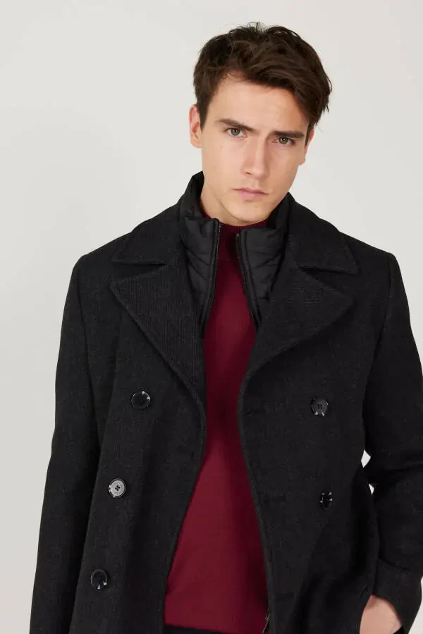 Мужское антрацитовое пальто стандартной посадки с обычным кроем, воротником с отложным воротником, из шерсти с рисунком - 11