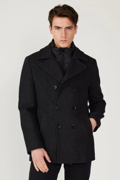 Мужское антрацитовое пальто стандартной посадки с обычным кроем, воротником с отложным воротником, из шерсти с рисунком - 14