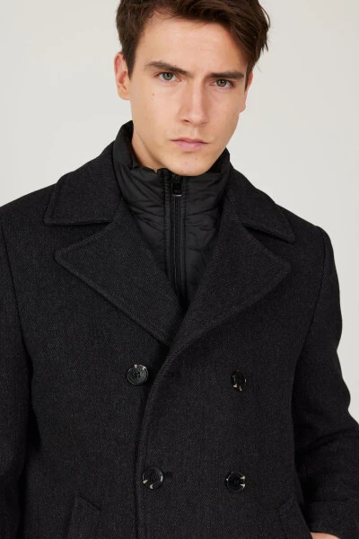 Мужское антрацитовое пальто стандартной посадки с обычным кроем, воротником с отложным воротником, из шерсти с рисунком - 15