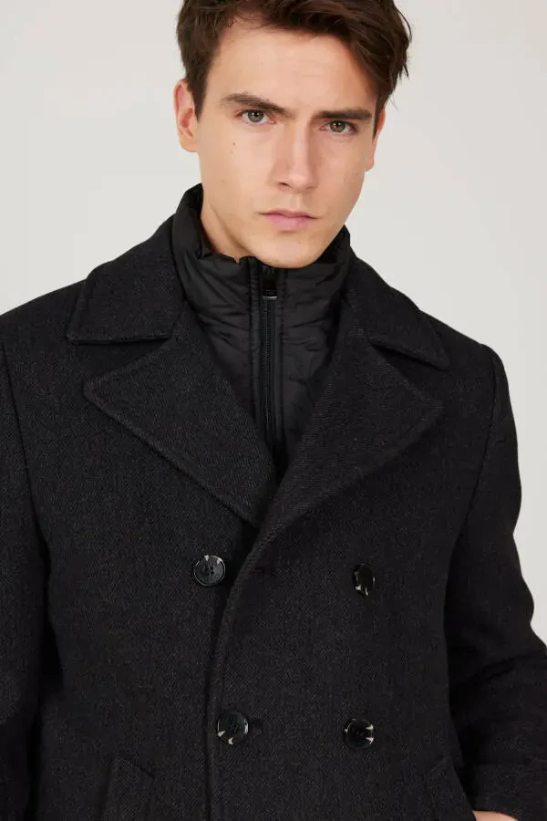 Мужское антрацитовое пальто стандартной посадки с обычным кроем, воротником с отложным воротником, из шерсти с рисунком - 15