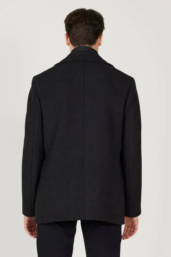 Мужское антрацитовое пальто стандартной посадки с обычным кроем, воротником с отложным воротником, из шерсти с рисунком - 16