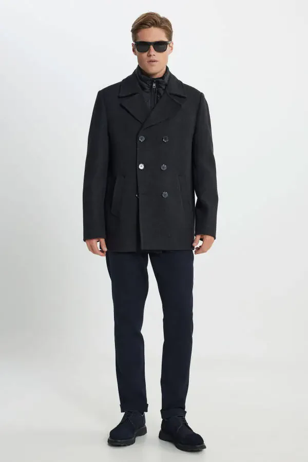 Мужское антрацитовое пальто стандартной посадки с обычным кроем, воротником с отложным воротником, из шерсти с рисунком - 3