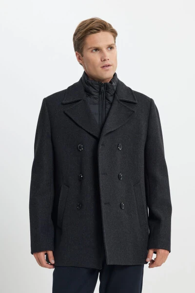 Мужское антрацитовое пальто стандартной посадки с обычным кроем, воротником с отложным воротником, из шерсти с рисунком - 4