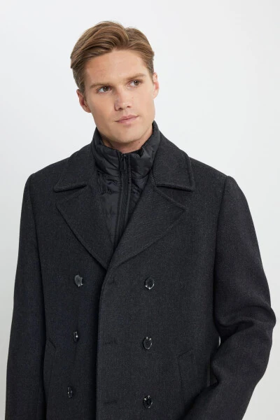 Мужское антрацитовое пальто стандартной посадки с обычным кроем, воротником с отложным воротником, из шерсти с рисунком - 6