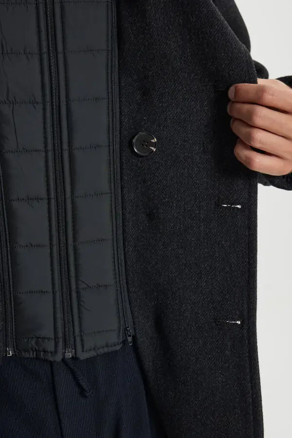 Мужское антрацитовое пальто стандартной посадки с обычным кроем, воротником с отложным воротником, из шерсти с рисунком - 7