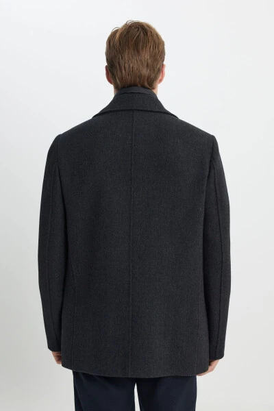 Мужское антрацитовое пальто стандартной посадки с обычным кроем, воротником с отложным воротником, из шерсти с рисунком - 8