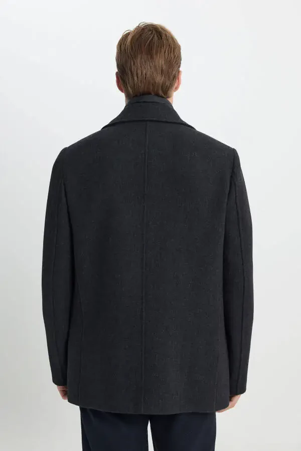 Мужское антрацитовое пальто стандартной посадки с обычным кроем, воротником с отложным воротником, из шерсти с рисунком - 8