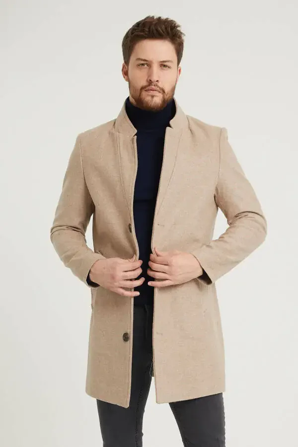 Мужское бежевое пальто из кашемира с отложным воротником Slim Fit - 1