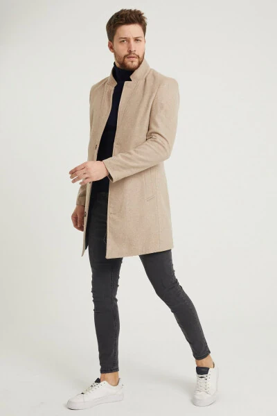 Мужское бежевое пальто из кашемира с отложным воротником Slim Fit - 2