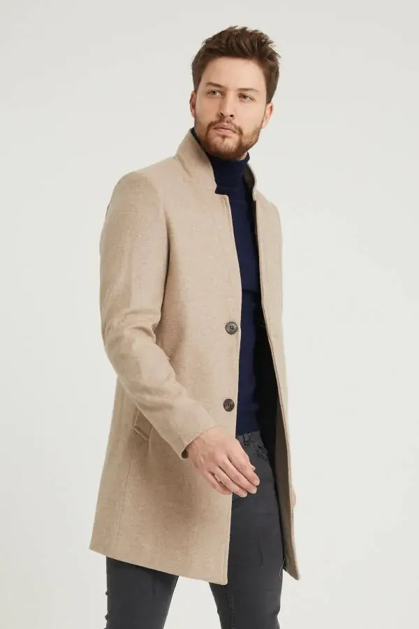 Мужское бежевое пальто из кашемира с отложным воротником Slim Fit - 3