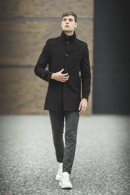 Мужское черное приталенное пальто с лацканами, длинное, из шерстяной смеси с кашемиром - 5
