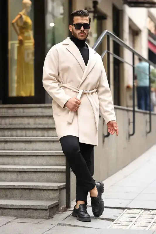 Мужское кашемировое пальто оверсайз с поясом, свободного кроя — бежевое - 1