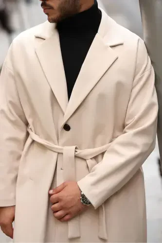 Мужское кашемировое пальто оверсайз с поясом, свободного кроя — бежевое - 5