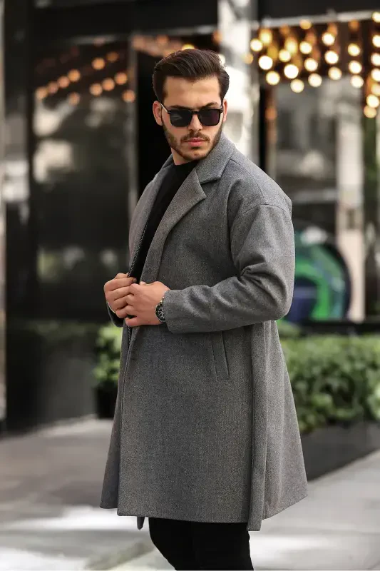 Мужское кашемировое пальто оверсайз с поясом, удобный крой - темно-серый - 2