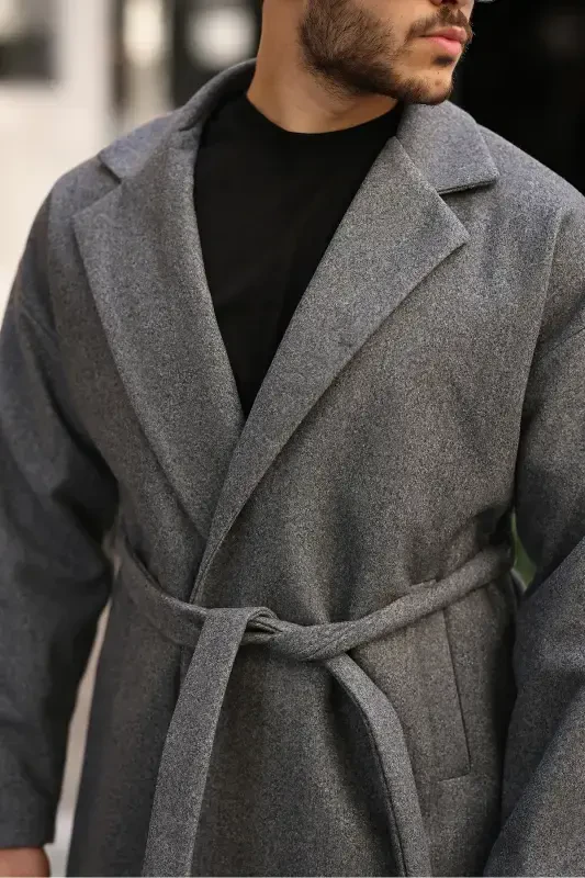 Мужское кашемировое пальто оверсайз с поясом, удобный крой - темно-серый - 4