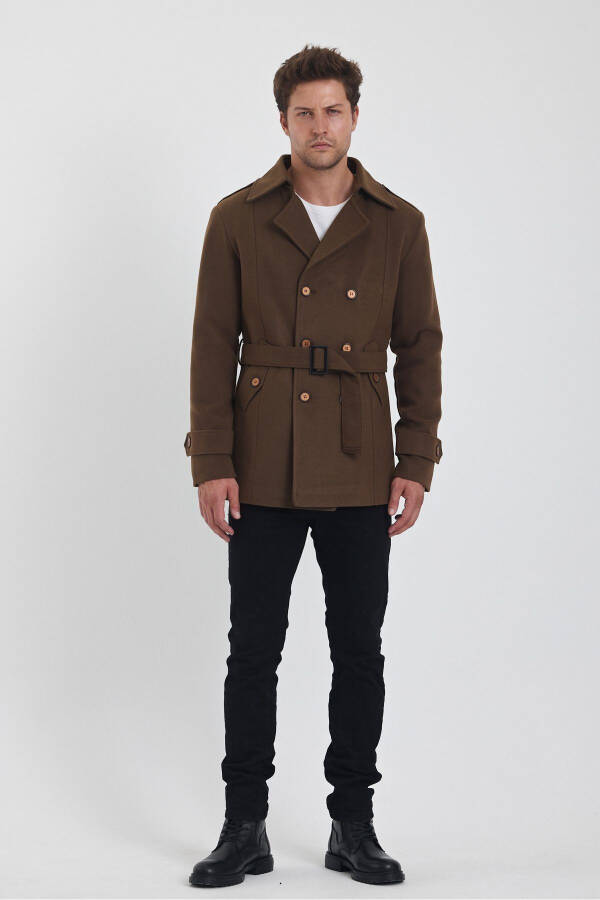 Мужское коричневое двубортное пальто из кашемира узкого кроя - 1