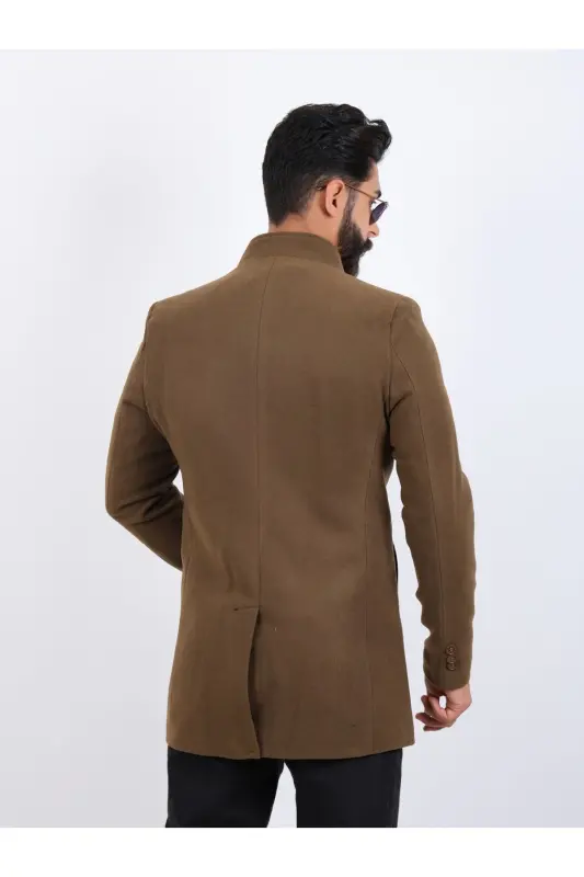 Мужское коричневое пальто Slim Fit с воротником-стойкой из кашемира - КОРИЧНЕВЫЙ - 3