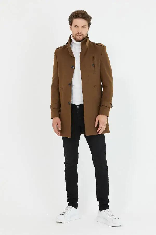 Мужское пальто из кашемира с шерстяной подкладкой цвета хаки, приталенного кроя с отложным воротником - 11