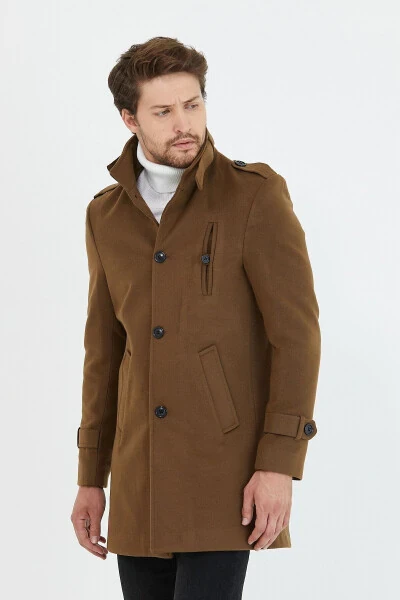 Мужское пальто из кашемира с шерстяной подкладкой цвета хаки, приталенного кроя с отложным воротником - 13