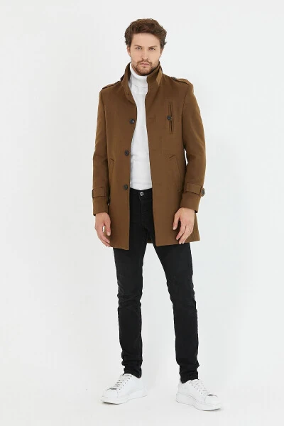 Мужское пальто из кашемира с шерстяной подкладкой цвета хаки, приталенного кроя с отложным воротником - 3