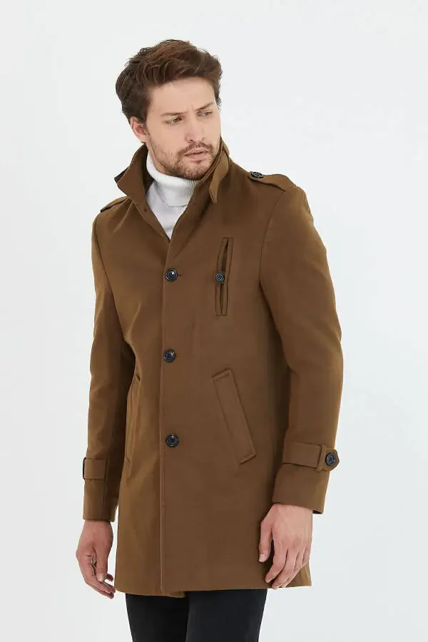 Мужское пальто из кашемира с шерстяной подкладкой цвета хаки, приталенного кроя с отложным воротником - 5