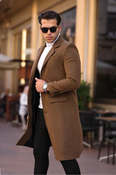 Мужское пальто из кашемира с шерстью цвета горчицы, узкого кроя, длинное - 5