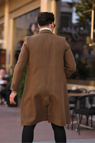 Мужское пальто из кашемира с шерстью цвета горчицы, узкого кроя, длинное - 3