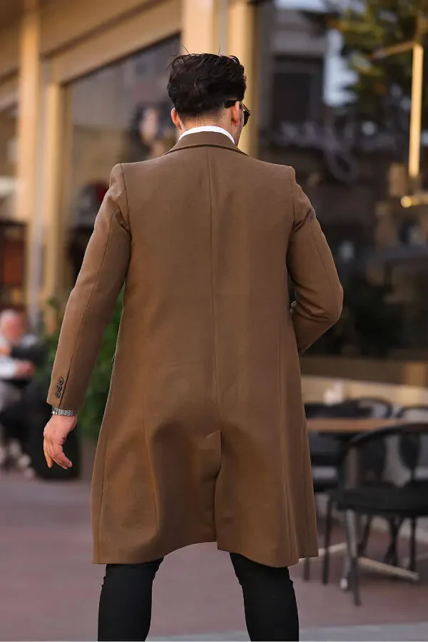 Мужское пальто из кашемира с шерстью цвета горчицы, узкого кроя, длинное - 3