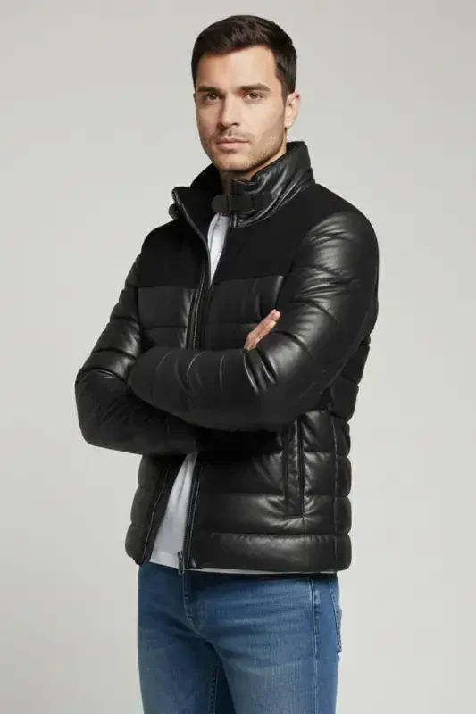 Мужское пальто из натуральной кожи, короткое, с лацканами. - 2