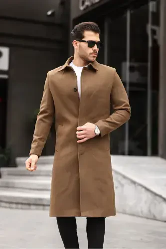 Мужское приталенное длинное шерстяное пальто-бушлат с воротником рубашки цвета табака. - 6
