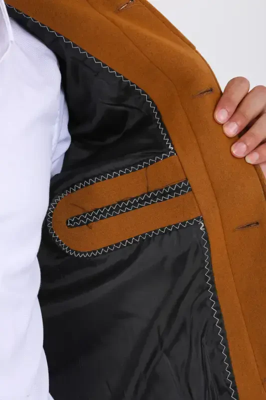 Мужское приталенное шерстяное пальто-рубашка с воротником-стойкой, цвет КИРПИЧ - 6