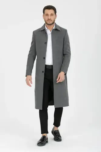 Мужское Серое Приталенное Длинное Шерстяное Полупальто с Воротником-рубашкой – СЕРОЕ - 3