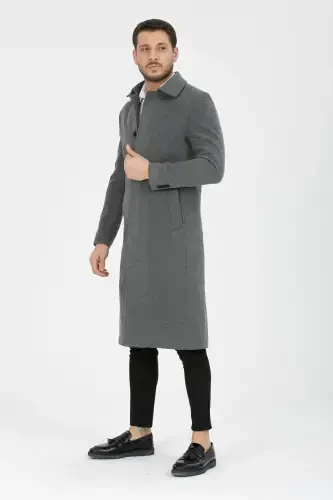 Мужское Серое Приталенное Длинное Шерстяное Полупальто с Воротником-рубашкой – СЕРОЕ - 4