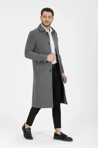 Мужское Серое Приталенное Длинное Шерстяное Полупальто с Воротником-рубашкой – СЕРОЕ - 5