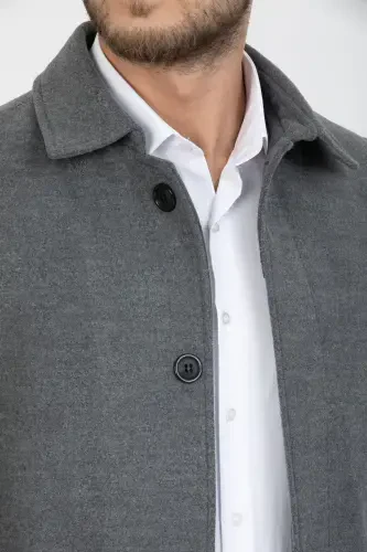 Мужское Серое Приталенное Длинное Шерстяное Полупальто с Воротником-рубашкой – СЕРОЕ - 6