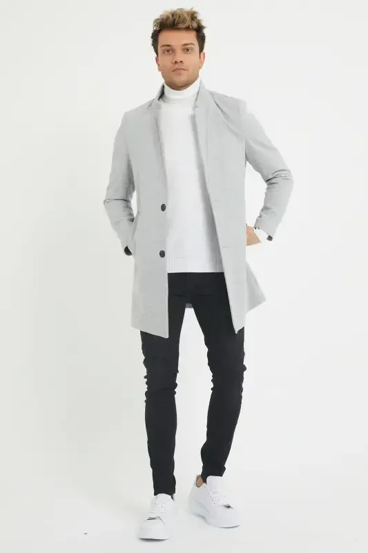 Мужское серое приталенное кашемировое пальто с воротником-стойкой - серое - 3