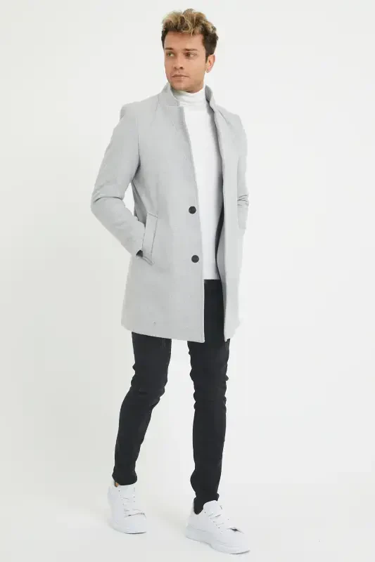 Мужское серое приталенное кашемировое пальто с воротником-стойкой - серое - 4