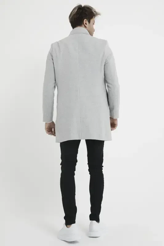 Мужское серое приталенное кашемировое пальто с воротником-стойкой - серое - 5